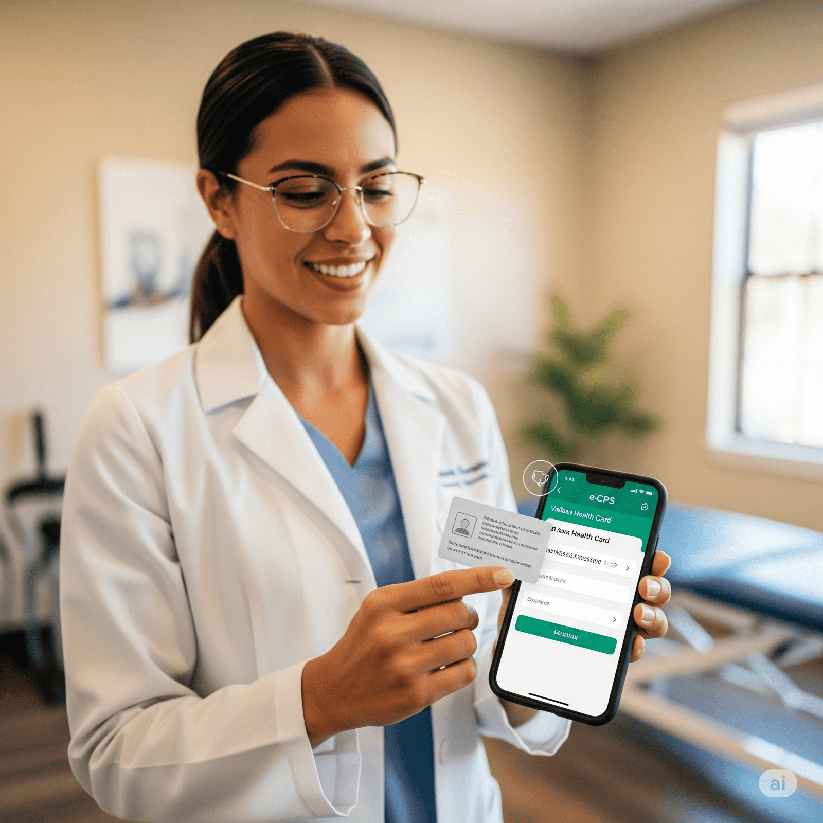 Une kinésithérapeute souriante utilise une application mobile pour la gestion administrative et le dossier patient